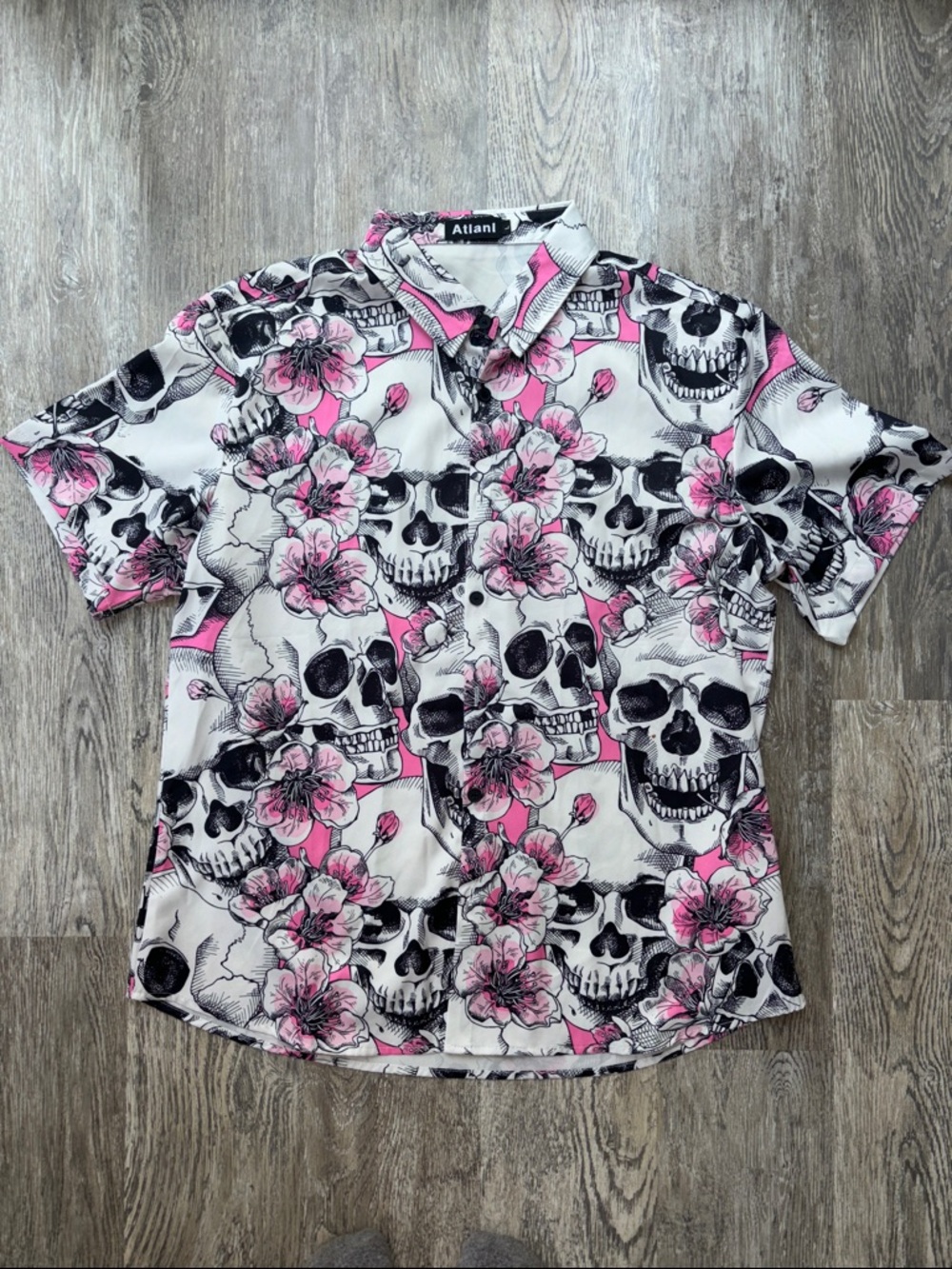 White & Pink Floral Skull Short Sleeve Button-Down Shirt